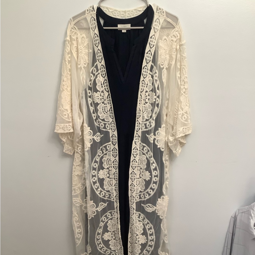 Full length dress with Zara Cream Sheer Crochet Lace Kimono
